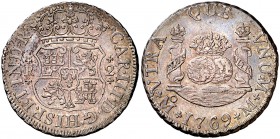 1769. Carlos III. México. M. 2 reales. (Cal. 1334). 6,68 g. Columnario. Preciosa pátina. Ex Áureo 02/06/2004, nº 279. Rara así. EBC+.