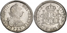1773. Carlos III. Potosí. JR. 2 reales. (Cal. 1381). 6,72 g. Primer año de busto propio. Atractiva. Escasa y más así. EBC.