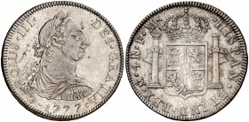1777. Carlos III. México. FM. 4 reales. (Cal. 1139). 13,44 g. Bella. Parte de brillo original. Muy rara así. EBC/EBC+.