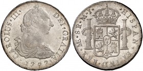 1777. Carlos III. Lima. MJ. 8 reales. (Cal. 858). 26,92 g. Bella. Brillo original. Rara así. S/C-.