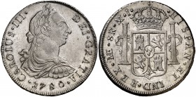 1780. Carlos III. Lima. MI. 8 reales. (Cal. 861). 26,82 g. Bella. Brillo original. Rara y más así. S/C-.