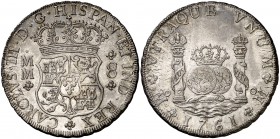 1761. Carlos III. México. MM. 8 reales. (Cal. 888). 27,05 g. Columnario. Muy bella. Brillo original. Rara así. S/C-.