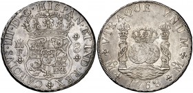 1768. Carlos III. México. MF. 8 reales. (Cal. 908). 26,86 g. Columnario. Leves marquitas. Bella. Brillo original. Escasa así. EBC+.