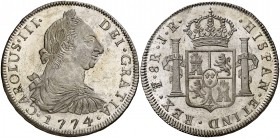 1774. Carlos III. Potosí. JR. 8 reales. (Cal. 974). 26,90 g. Muy bella. Acuñación Proof. Pleno brillo original. Estuvo encapsulada por la NGC como MS ...