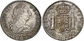 1777. Carlos III. Potosí. PR. 8 reales. (Cal. 978). 26,90 g. Preciosa pátina de monetario. Rara así. EBC/EBC+.