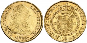 1786. Carlos III. Potosí. PR. 2 escudos. (Cal. 529). 6,66 g. Bonito color. Comprada por Xavier Calicó en trato privado en 1971. Ex Colección Golf. Rar...