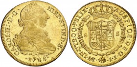 1788. Carlos III. Lima. IJ. 8 escudos. (Cal. 48) (Cal.Onza 716). 26,99 g. Mínimas hojitas. Bella. Brillo original. Rara así. EBC+.