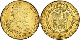 1774/3. Carlos III. Madrid. PJ. 8 escudos. (Cal. 54 var) (Cal.Onza falta). 26,96 g. Muy bella. Brillo original. Rara así. EBC+/S/C-.