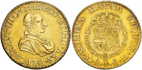 1761. Carlos III. México. MM. 8 escudos. (Cal. 72) (Cal.Onza 743). 26,99 g. Primer busto. Toisón sobre el pecho. Preciosa pátina anaranjada. Ex Áureo ...