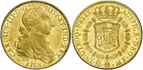 1768. Carlos III. México. MF. 8 escudos. (Cal. 83) (Cal.Onza 754). 26,95 g. Tipo "cara de rata". Acuñación algo floja. Muy bella. Gran parte de brillo...