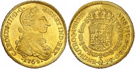 1765. Carlos III. Santa Fe de Nuevo Reino. JV. 8 escudos. (Cal. 164) (Cal.Onza 851) (Restrepo 71-6a). 27 g. Tipo "cara de rata". Con punto entre la ce...