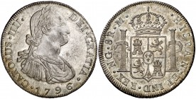 1796. Carlos IV. Guatemala. M. 8 reales. (Cal. 627). 26,99 g. Bellísima. Brillo original. Muy rara así. S/C-.