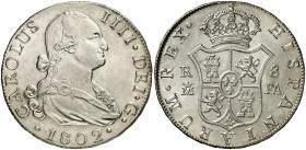 1802. Carlos IV. Madrid. FA. 8 reales. (Cal. 673). 27,20 g. Bellísima. Brillo original. Ex Colección Isabel de Trastámara 29/10/2015, nº 314. Muy rara...