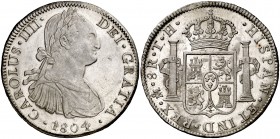 1804. Carlos IV. México. TH. 8 reales. (Cal. 701). 26,93 g. Bellísima. Brillo original. Estuvo encapsulada por la NGC como MS 63. Ex Tritón XX 10/01/2...