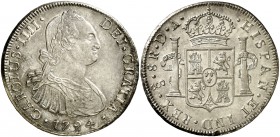 1794. Carlos IV. Santiago. DA. 8 reales. (Cal. 739). 27 g. Leve golpecito. Bella. Parte de brillo original. Ex Colección Isabel de Trastámara 29/10/20...