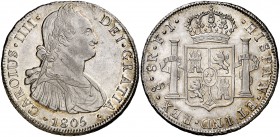 1805. Carlos IV. Santiago. FJ. 8 reales. (Cal. 759). 27,18 g. Bella. Brillo original. Ex Áureo Selección 2005, nº 301. Rara así. S/C-.