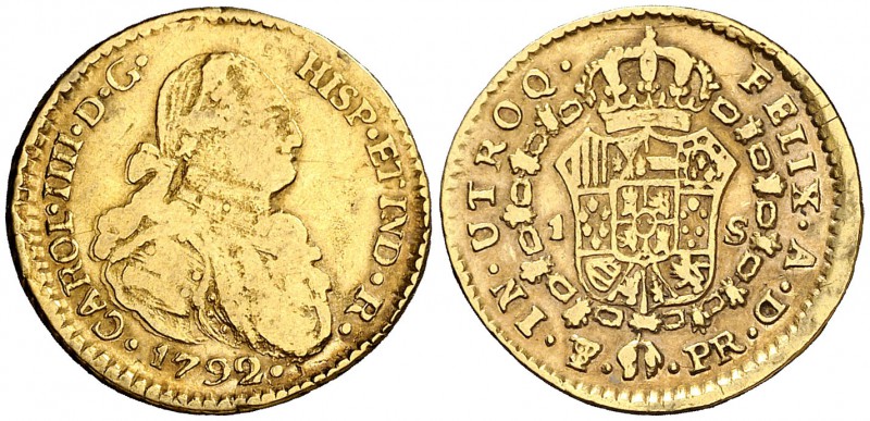 1792. Carlos IV. Potosí. PR. 1 escudo. (Cal. falta). 3,30 g. Segundo busto propi...