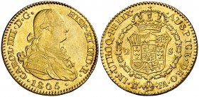 1805. Carlos IV. Madrid. FA. 2 escudos. (Cal. 348). 6,73 g. Bella. Escasa así. EBC+.
