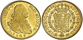 1807. Carlos IV. Madrid. AI. 2 escudos. (Cal. 350). 6,86 g. Muy bella. Brillo original. Rara así. S/C-.