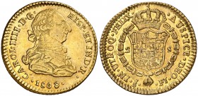 1808/7. Carlos IV. Santiago. FJ. 2 escudos. (Cal. 442 var). 6,76 g. Mínimas rayitas, pero ejemplar extraordinario para esta ceca. Precioso color. Ex A...