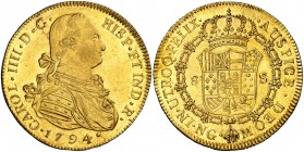 1794. Carlos IV. Guatemala. M. 8 escudos. (Cal. 3) (Cal.Onza 974). 27 g. Muy bella. Pleno brillo original. Ejemplar de la futura Edición de Numismátic...