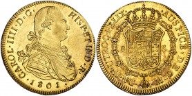 1801. Carlos IV. Guatemala. M. 8 escudos. (Cal. 5) (Cal.Onza 977). 27,01 g. Bellísima. Brillo original. Muy rara y más así. S/C-.