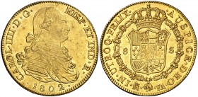 1802. Carlos IV. Madrid. FA. 8 escudos. (Cal. 33) (Cal.Onza 1011). 26,97 g. Con punto después de FELIX y delante de AVSPICE. Bella. Brillo original. E...