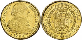 1789. Carlos IV. Popayán. SF. 8 escudos. (Cal. 66) (Cal.Onza 1048) (Restrepo 96-2). 27,01 g. Busto de Carlos III. Ordinal IV. Ligeras rayitas en rever...