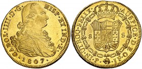 1807. Carlos IV. Popayán. JF. 8 escudos. (Cal. 90) (Cal.Onza 1074) (Restrepo 98-36). 27,01 g. Golpecito en canto del reverso. Muy bella. Pleno brillo ...