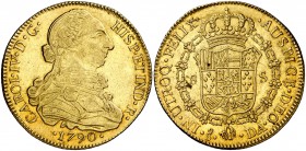 1790. Carlos IV. Santiago. DA. 8 escudos. (Cal. 147) (Cal.Onza 1152). 27 g. Busto de Carlos III. Ordinal IV. Mínima hojita en reverso. Bella. Precioso...