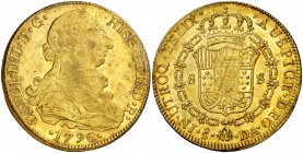1796. Carlos IV. Santiago. DA. 8 escudos. (Cal. 155) (Cal.Onza 1160). 26,99 g. Mínimas rayitas de acuñación. Bellísima. Pleno brillo original. Rara as...