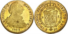1808. Carlos IV. Santiago. FJ. 8 escudos. (Cal. 172) (Cal.Onza 1185, mismo ejemplar). 27,12 g. Hojita. Bellísima. Pleno brillo original. Acuñación Pro...