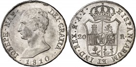 1810. José Napoleón. Madrid. AI. 20 reales. (Cal. 25). 27,07 g. Águila grande. Mínimas marquitas. Bella. Brillo original. S/C-/S/C.