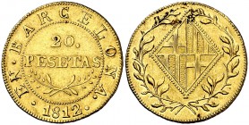 1812. Catalunya Napoleónica. Barcelona. 20 pesetas. (Cal. 4) (Cru.C.G. 6013). 6,74 g. Bella. Parte de brillo original. Muy escasa. EBC-.