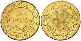 1813. Catalunya Napoleónica. Barcelona. 20 pesetas. (Cal. 5) (Cru.C.G. 6013a). 6,70 g. Bella. Parte de brillo original. Rara y más así. EBC-.