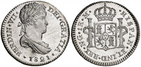 1821. Fernando VII. Guatemala. M. 1 real. (Cal. 1124). 3,38 g. Bellísima. Pleno brillo original. Escasa así. S/C.