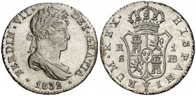 1832/1. Fernando VII. Sevilla. JB. 1 real. (Cal. 1228 var). 3,03 g. Bella. Brillo original. Ex Colección Isabel de Trastámara 23/04/2015, nº 432. Rara...