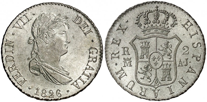 1826. Fernando VII. Madrid. AJ. 2 reales. (Cal. 929). 5,91 g. Muy bella. Pleno b...