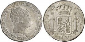 1822. Fernando VII. Barcelona. SP. 20 reales. (Cal. 368). 26,95 g. Tipo "cabezón". Bellísima. Brillo original. Suave pátina grisácea. Rara y más así. ...