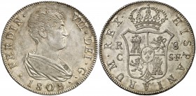 1809. Fernando VII. Catalunya (Reus). SF. 8 reales. (Cal. 379). 26,95 g. Busto drapeado. Bellísima. Brillo original. Ex Colección Ramon Muntaner 24/04...