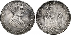1809. Fernando VII. Lleida. 5 pesetas. (Cal. 493, mismos cuños). 26,69 g. Algunas rayitas y golpecitos, pero ejemplar muy digno para esta rara pieza, ...