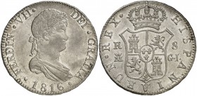 1816. Fernando VII. Madrid. GJ. 8 reales. (Cal. 506). 27,12 g. HISPANIARUN. Golpecito en canto. Muy bella. Brillo original. Posiblemente el mejor ejem...