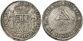 1811. Fernando VII. Zacatecas. 8 reales. (Cal. 677) (Calbetó falta). 28,59 g. Moneda Provisional. Escudo con castillos y leones. Numeral del rey VI. L...