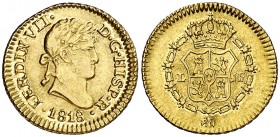 1818. Fernando VII. Lima. JP. 1/2 escudo. (Cal. 355). 1,66 g. Bella. Brillo original. Rara y más así. EBC/EBC+.