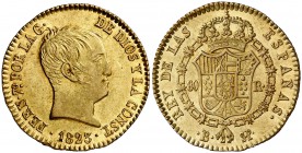 1823. Fernando VII. Barcelona. SP. 80 reales. (Cal. 174). 6,72 g. Tipo "cabezón". Golpecito. Rara y más así. Bella. Brillo original. Ex Áureo & Calicó...