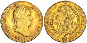 1811. Fernando VII. Cádiz. CI. 2 escudos. (Cal. 178). 6,72 g. Marca de ceca grande. Mínimas impurezas en reverso. Muy bella. Preciosa pátina. Ex Calic...