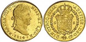 1814. Fernando VII. Cádiz. CJ. 2 escudos. (Cal. 184). 6,79 g. Muy bella. Pleno brillo original. Rara así. S/C.
