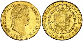 1819/8. Fernando VII. Madrid. GJ/IJ. 2 escudos. (Cal. 215). 6,75 g. Leves rayitas. Bella. Raras rectificaciones. EBC/EBC+.