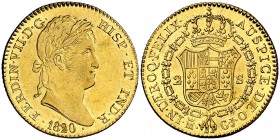 1820. Fernando VII. Madrid. GJ. 2 escudos. (Cal. 217). 6,77 g. Bella. Brillo original. Ex Áureo 29/06/2005, nº 459. Rara así. EBC+.
