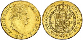 1823. Fernando VII. Madrid. AJ. 2 escudos. (Cal. 220). 6,76 g. Leves rayitas. Parte de brillo original. Escasa y más así. EBC+.